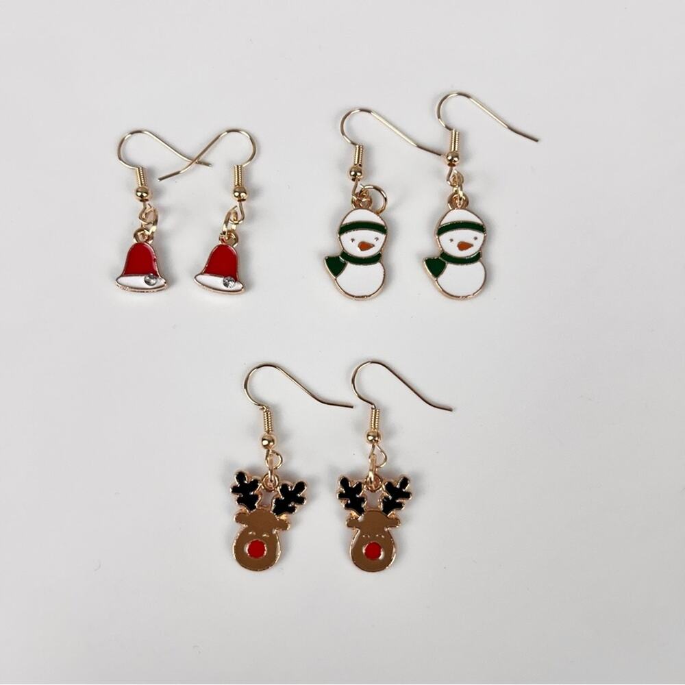 3 Pairs of Christmas Hook Earrings,Reindeer,Bell,Santa Claus, New!